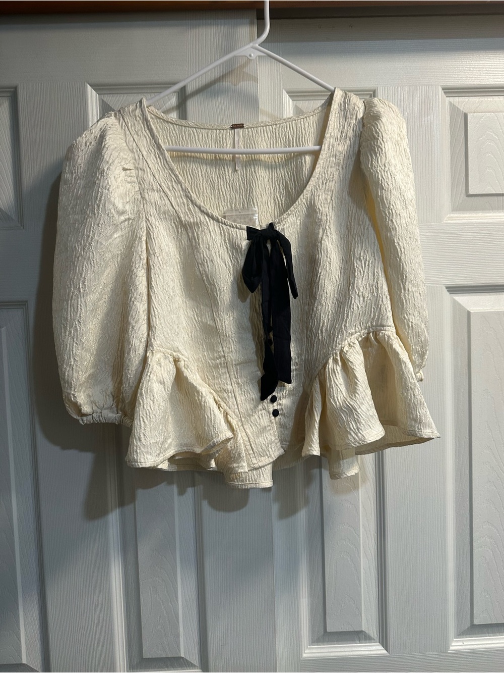 Free People Cream Textured Peplum Blouse with Black Tie